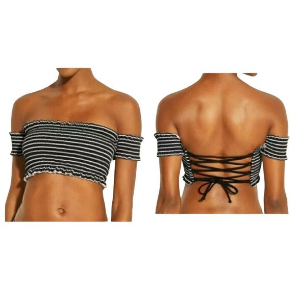 Xhilaration Shirred Stripe Smocked Off-The-Shoulder Lace Up Corset Back Swim Top - Picture 10 of 10